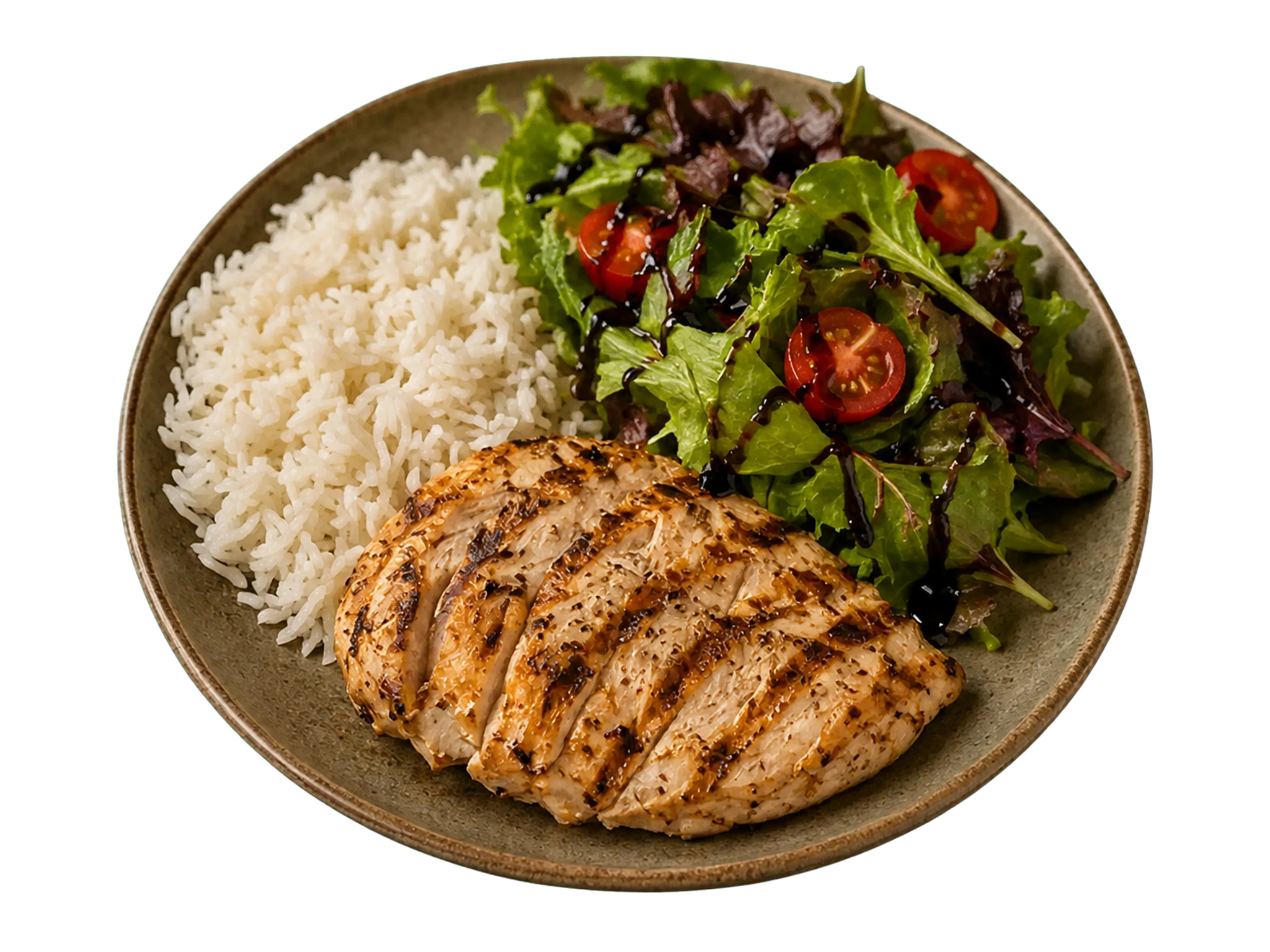 Grilled chicken, rice and salad