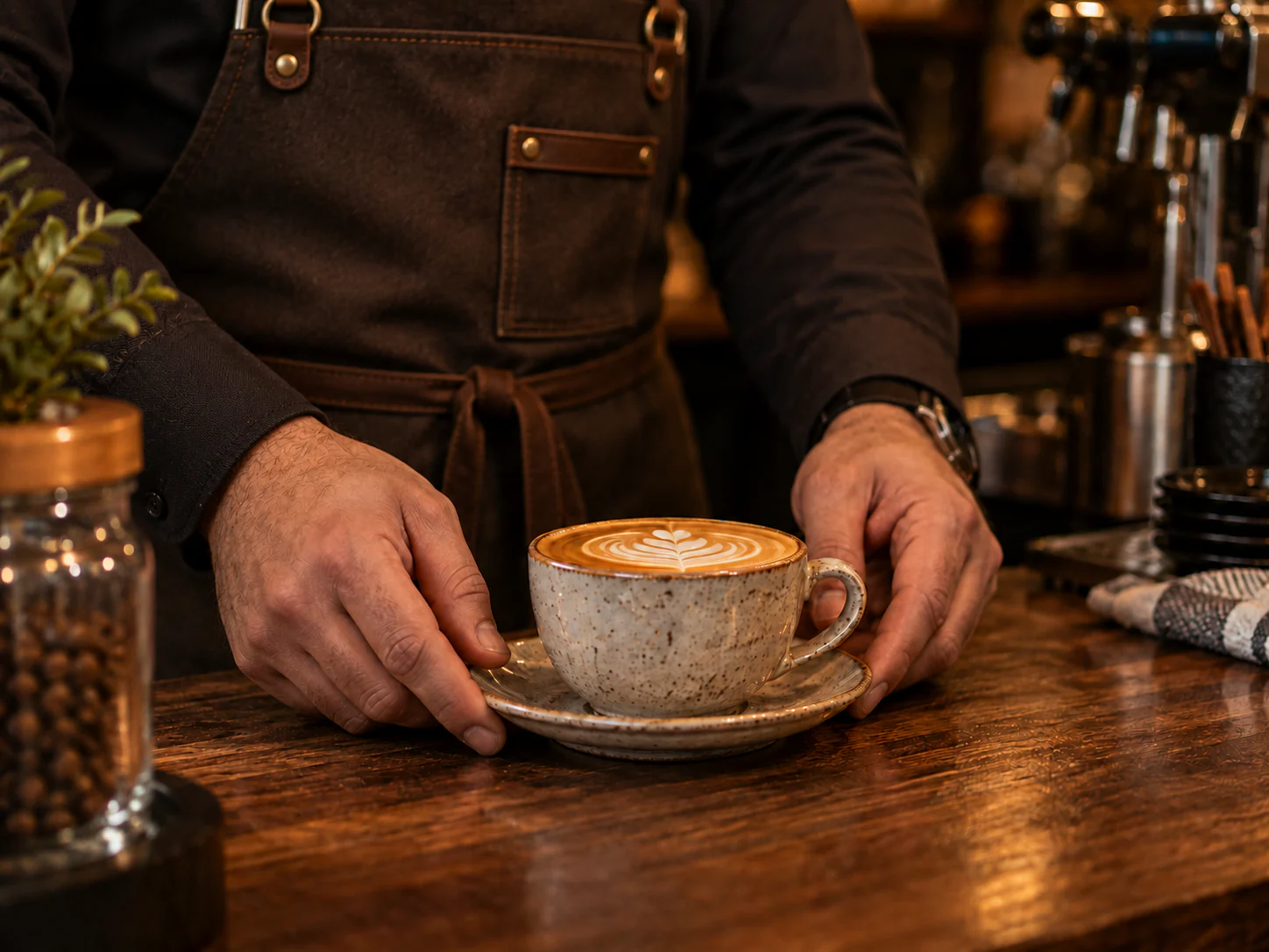 Billy wearing a brown apron, holding a latte at the coffee bar